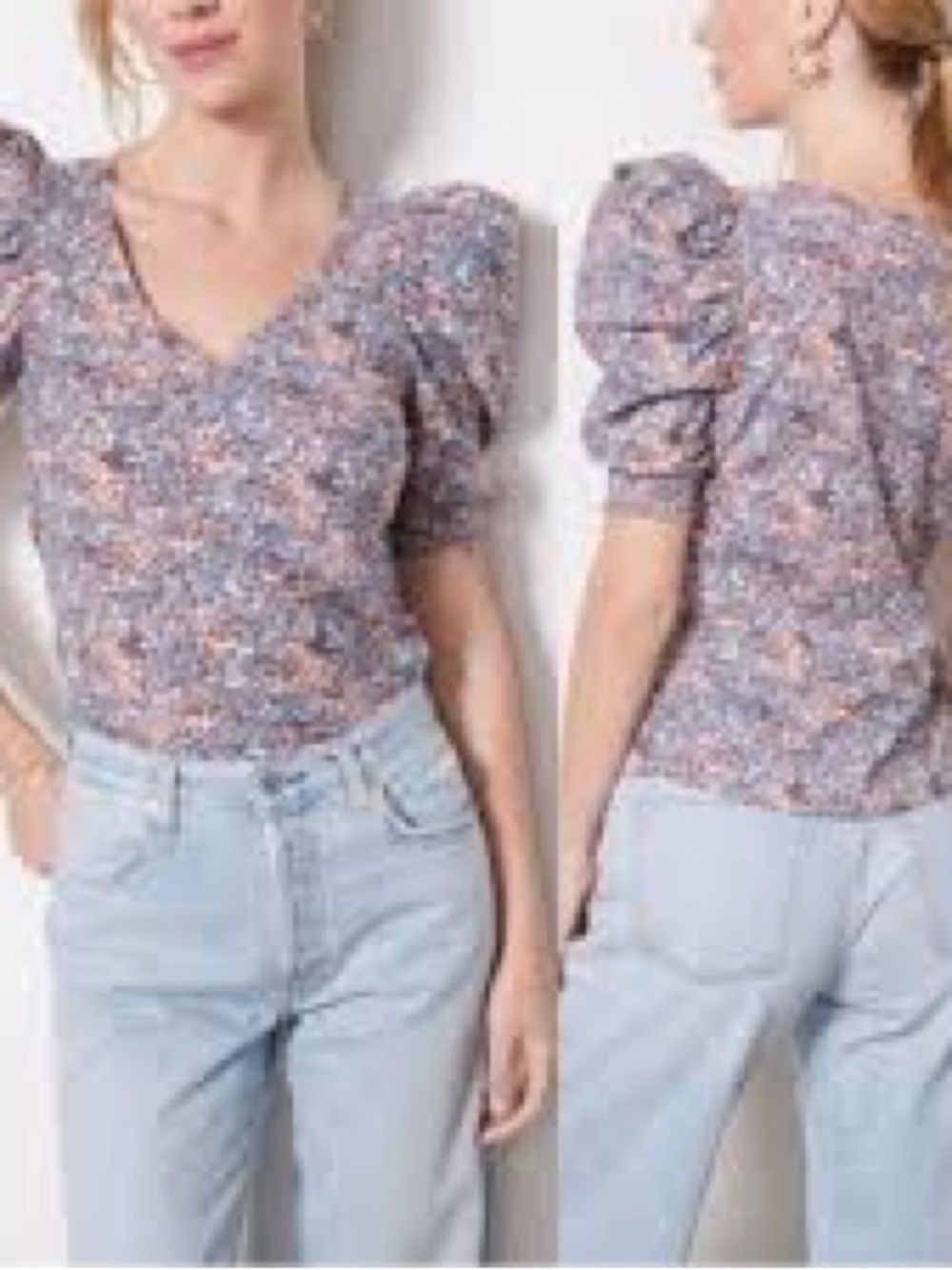NATION LTD Floral Puff-Sleeve V-Neck Top in Floral Mix